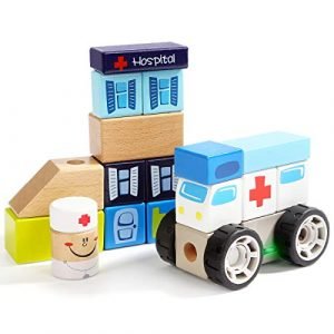 Wooden Building Blocks (20 Pieces) Includes School Bus with Light and Sound