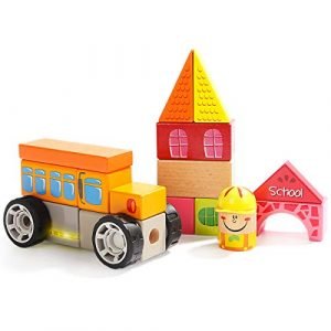 Wooden Building Blocks (20 Pieces) Includes School Bus